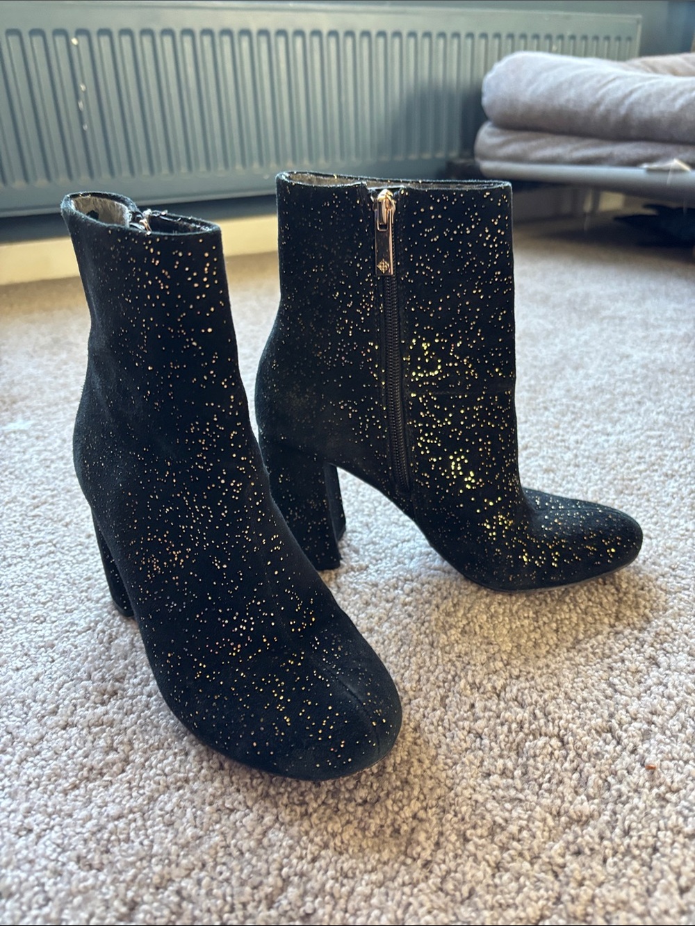 Nanette Lepore Black Glitter Suede Ankle Boots with Side Zip